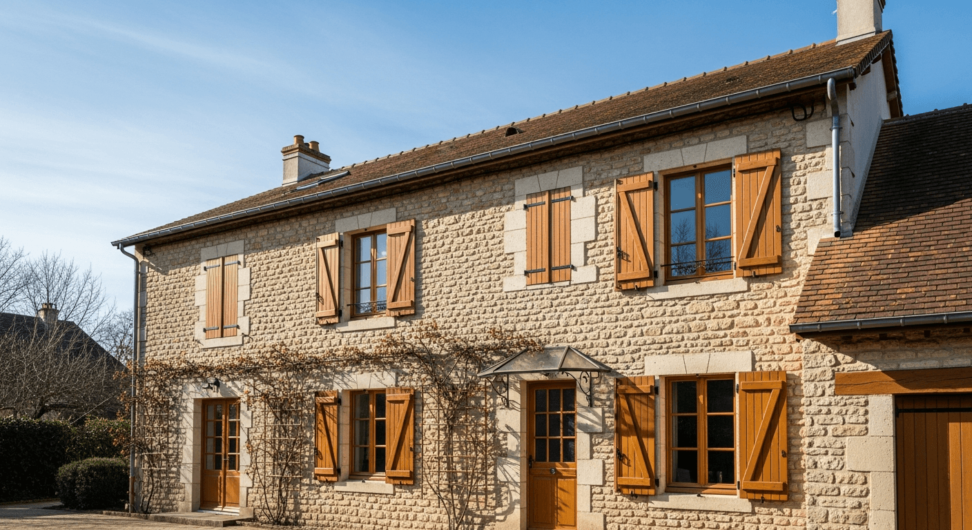Façade de maison française démoussée et propre après traitement biologique