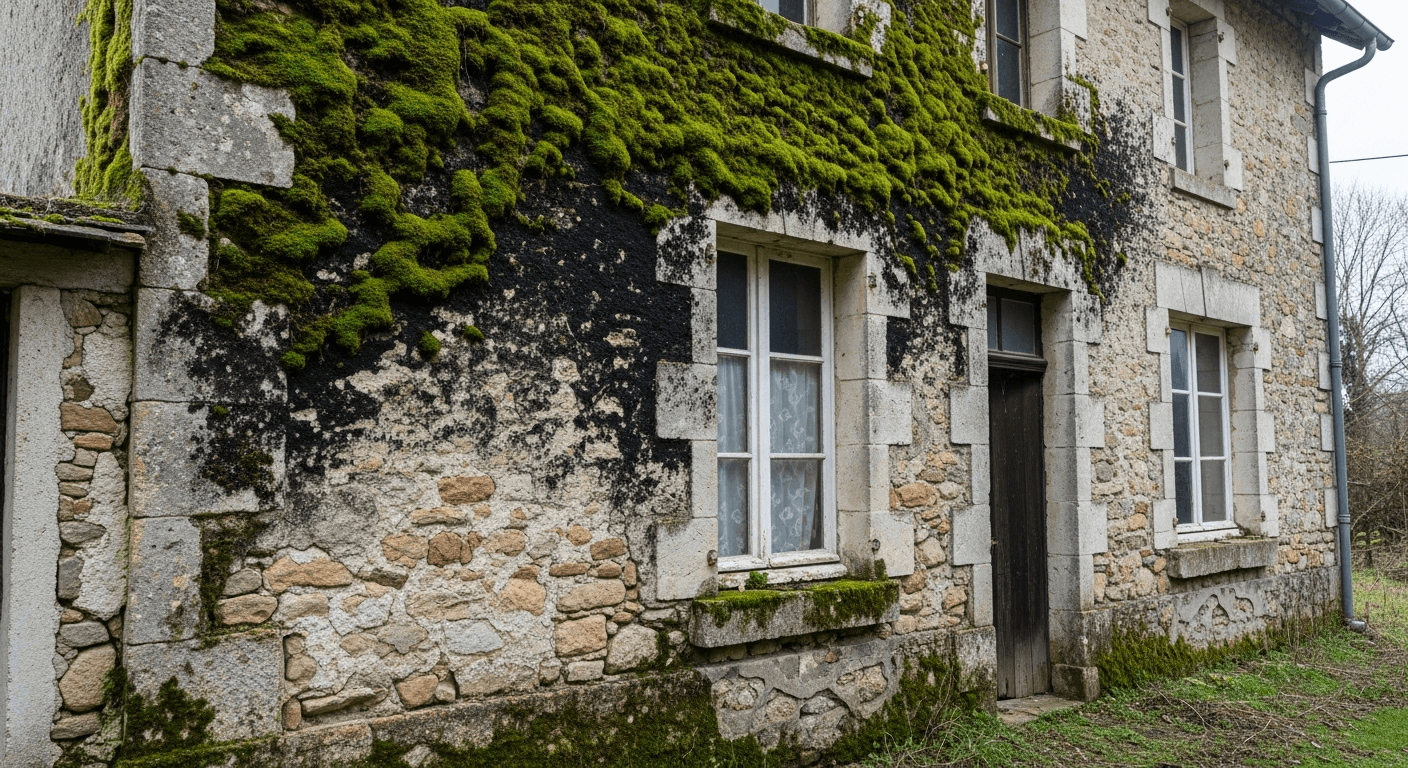 Façade de maison française envahie de mousses et lichens avant démoussage