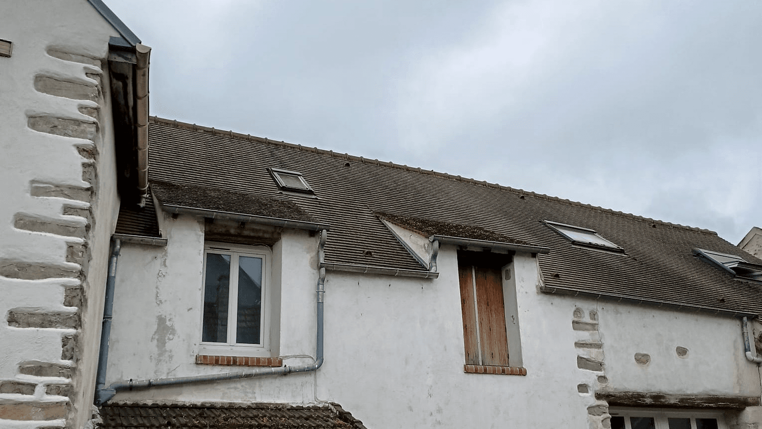 Toiture en tuiles envahie par les mousses avant nettoyage