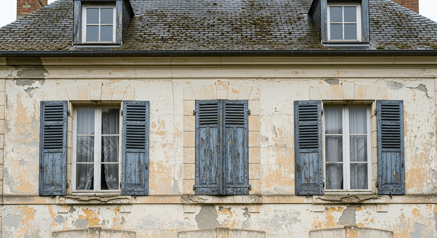 Façade de maison française défraîchie avant peinture extérieure