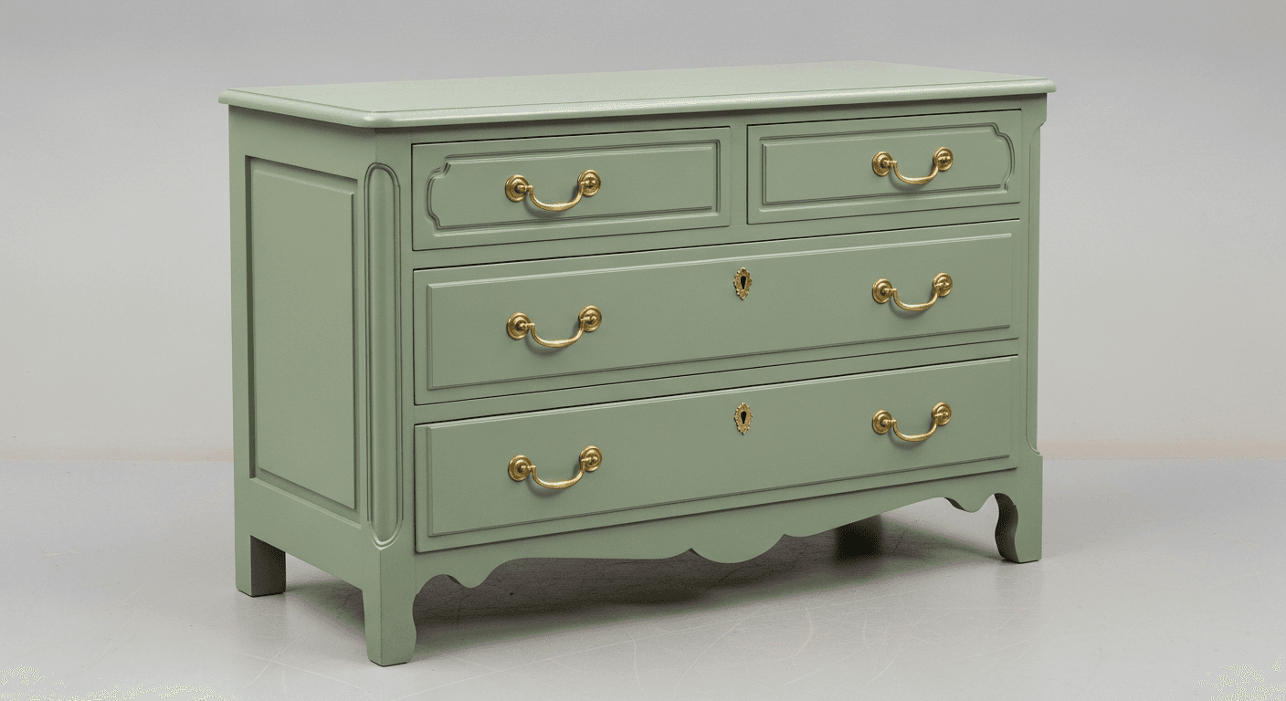 Commode rénovée et repeinte en vert sauge avec finition moderne