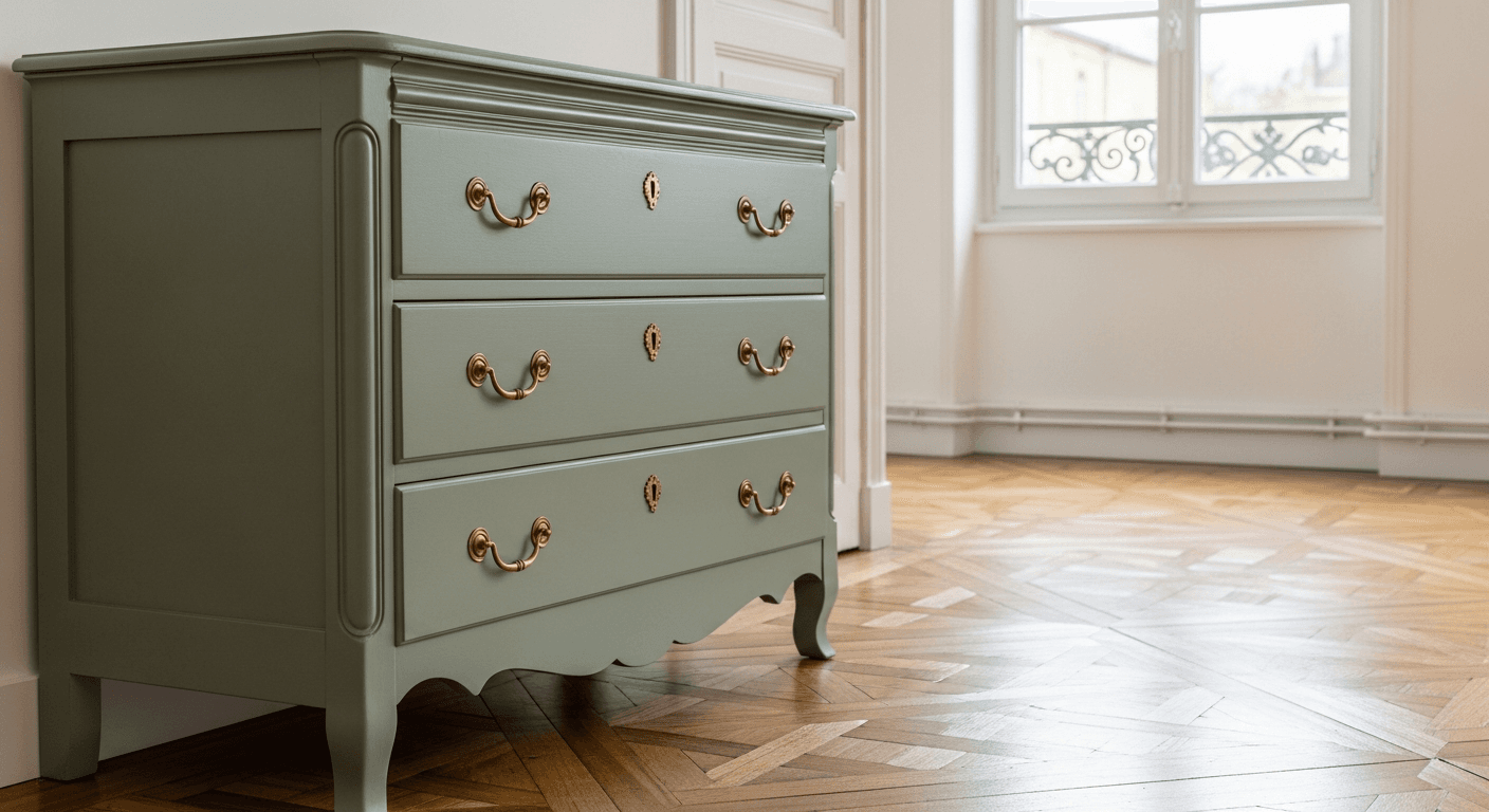 Meuble en bois rénové et repeint à la main